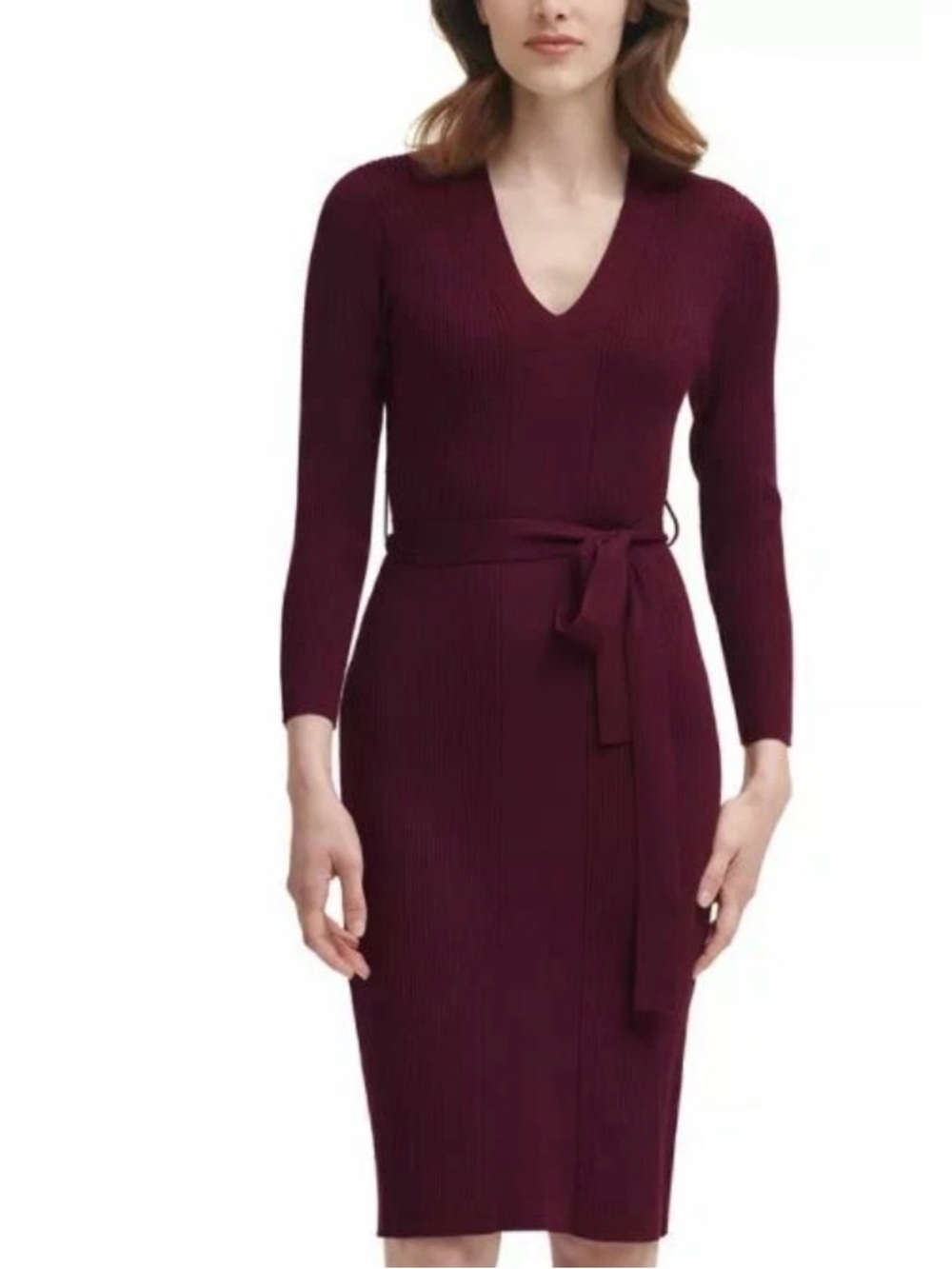 DKNY Ribbed V-Neck Tie-Waist Knit Dress - Burgundy Size Medium